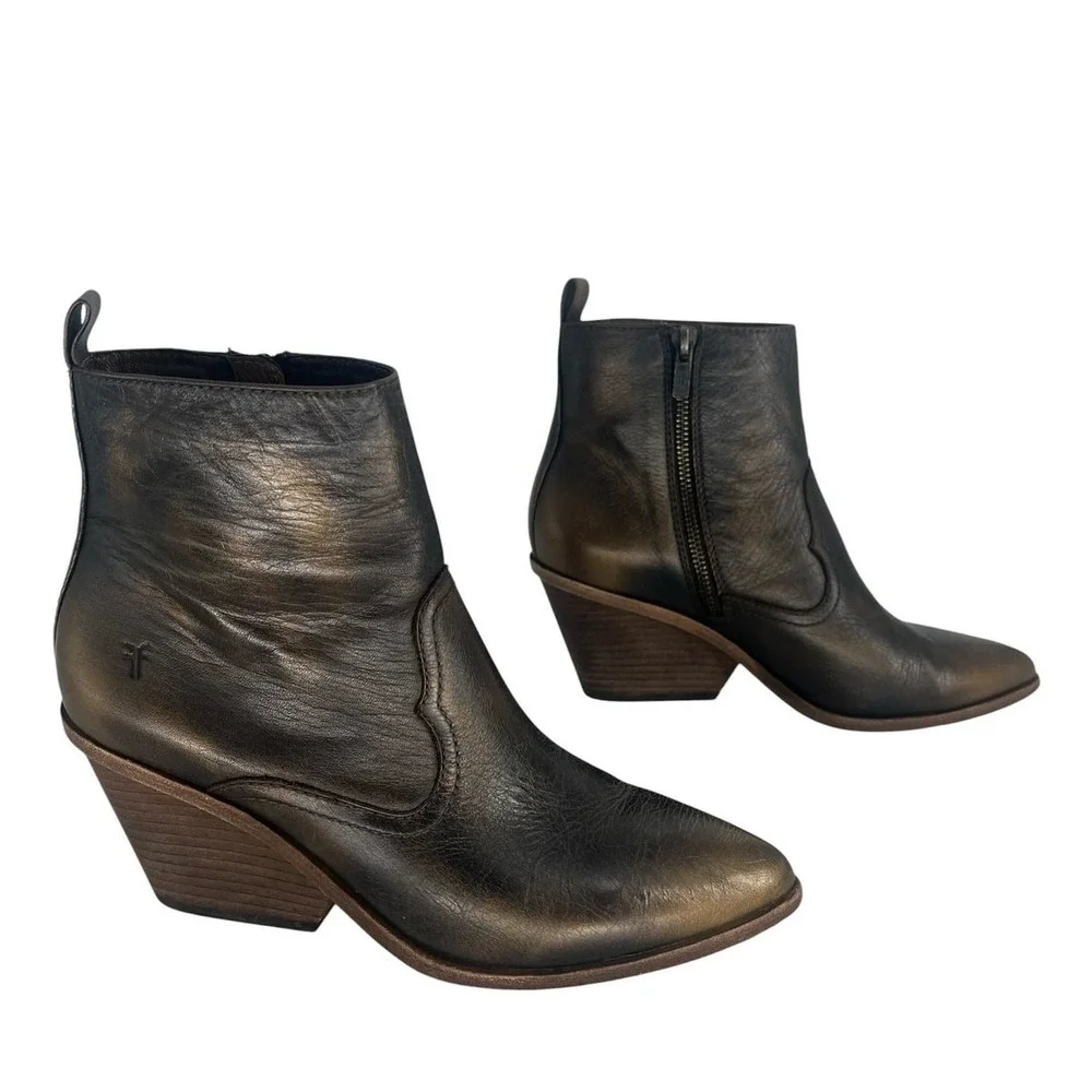 Frye‎ Amado Wedge Ankle Bootie Bronze Brown Leather 7.5